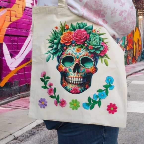 Colorful Skull and Floral Tote Bag - Picture 12 of 15